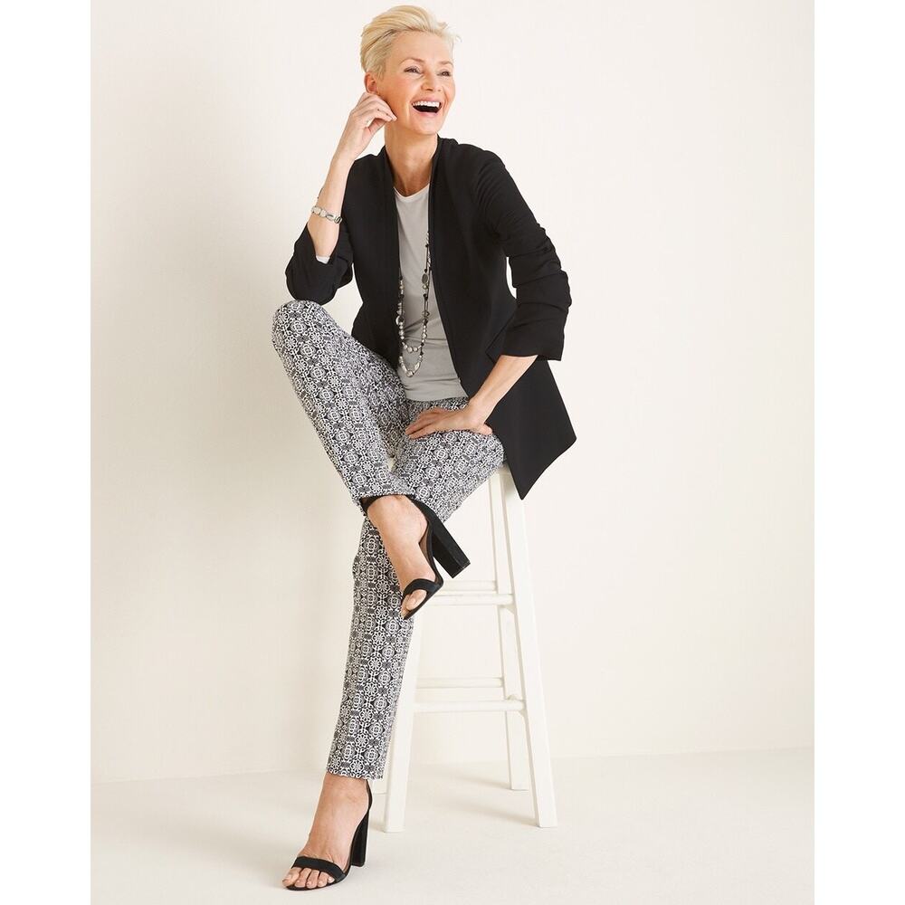 Chico's Womens Pants 00R 2 XS Secret Stretch Tile Print Straight Leg Black White